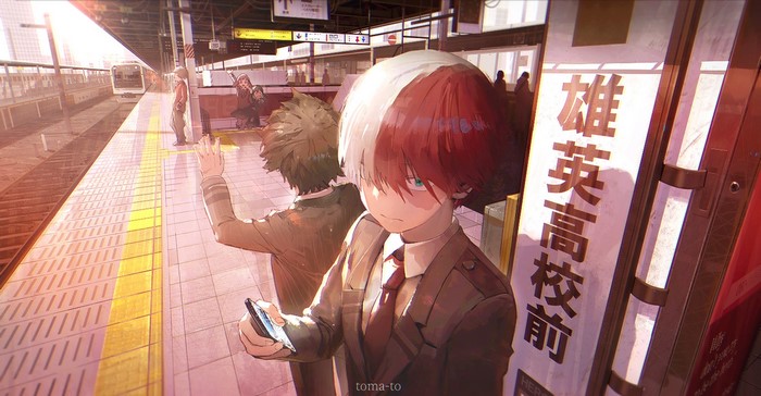 Shoto Todoroki and Izuku Midoriya at U.A. High School train station