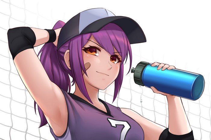 Anime girl with purple hair holding a water bottle