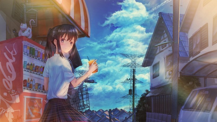 Anime girl with dark hair holding a drink by a vending machine