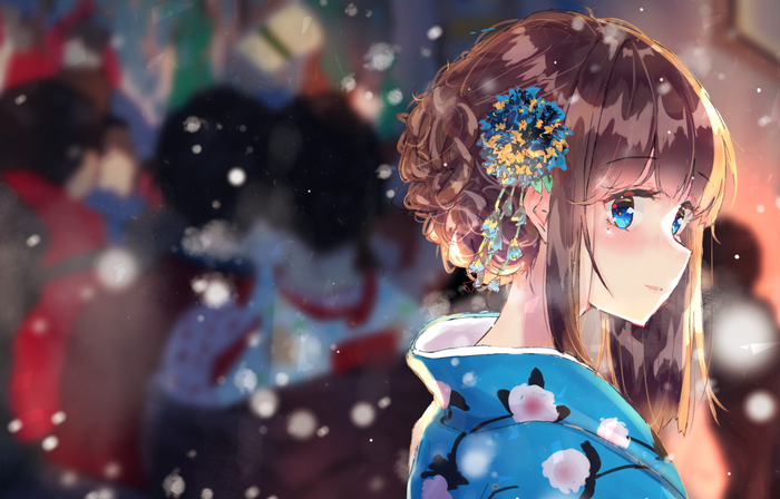 Anime girl in kimono with blue eyes and flower hair accessory