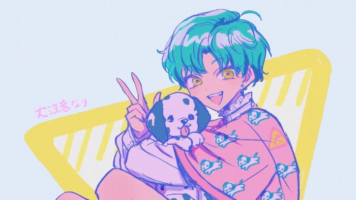 Anime boy with green hair holding a dalmatian puppy
