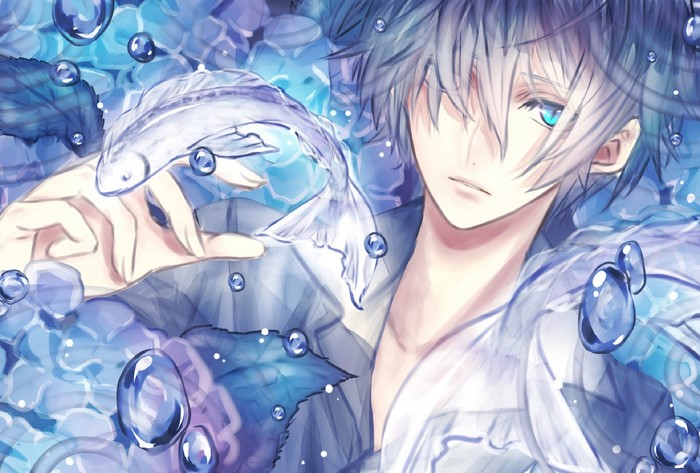 Anime boy with white hair and blue eyes holding a fish