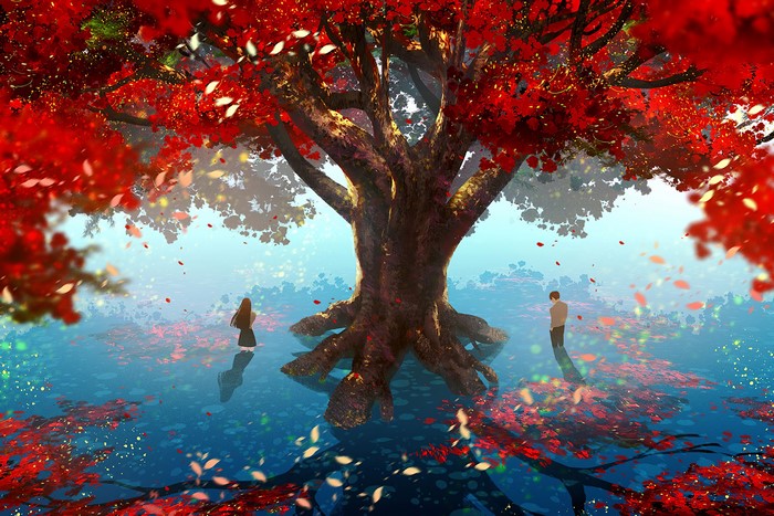 Anime couple under a large red tree