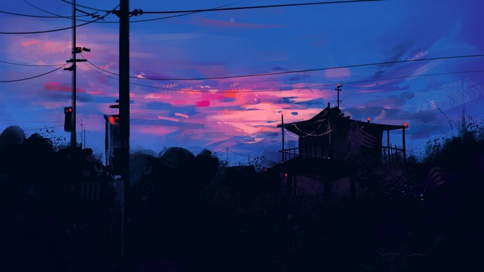 Artwork of a shack and power lines at dawn