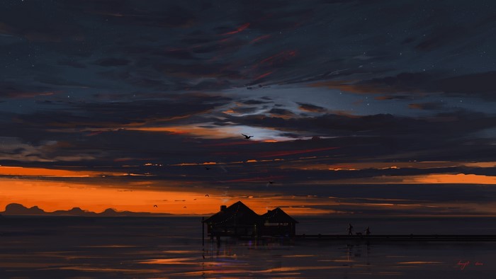 Artwork of a sunset over the ocean with a pier and house