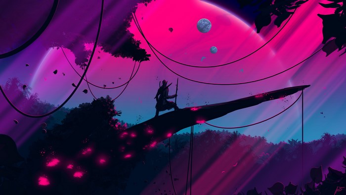 Alien jungle with a warrior and planets