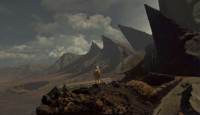 Astronaut on a desolate alien planet with mountains and satellite dish