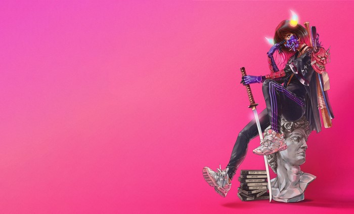 Anime warrior with swords sitting on statue