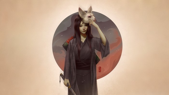 Woman in kimono wearing a rabbit mask