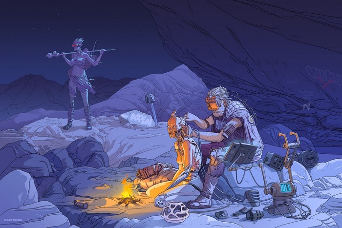 Cyberpunk characters by a campfire in a rocky landscape