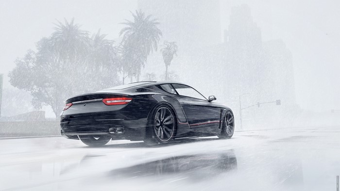 Black sports car driving in heavy rain in Grand Theft Auto V
