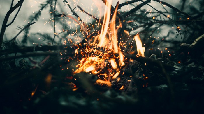 Close-up of a bonfire with sparks and branches