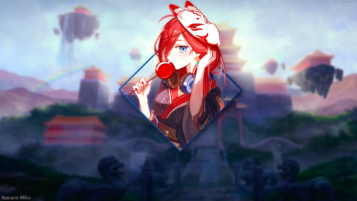 Nakano Miku from 5-toubun no Hanayome with Fox Mask and Lollipop