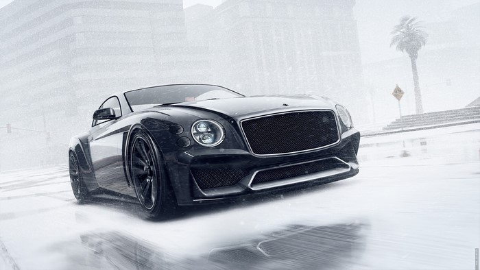 Black Bentley driving in snow, GTA V artwork