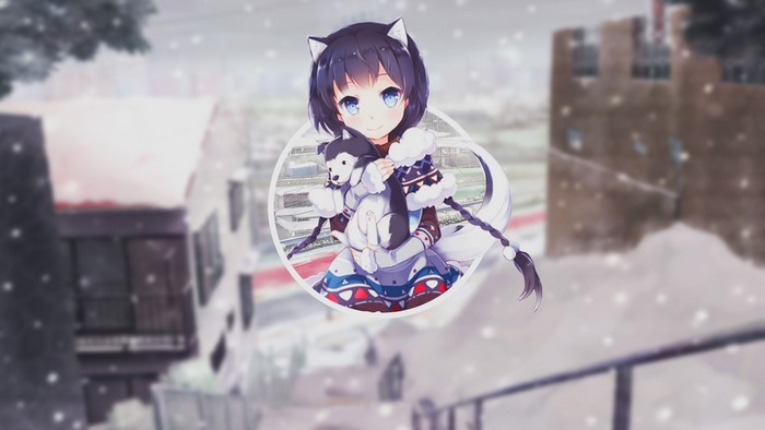 Anime girl with cat ears holding a husky plush toy in winter