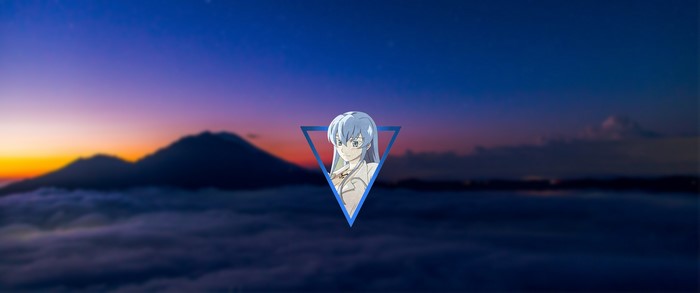Anime girl in a triangle frame over mountains at sunset