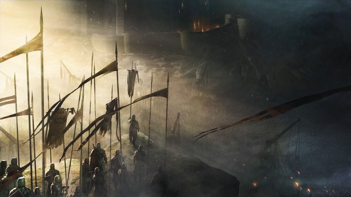 Army with banners approaching a besieged castle