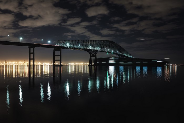 Bridge over water at night with city lights
