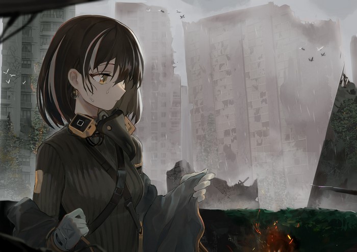 Anime girl in a post-apocalyptic city