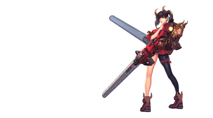 Anime girl with horns holding chainsaws