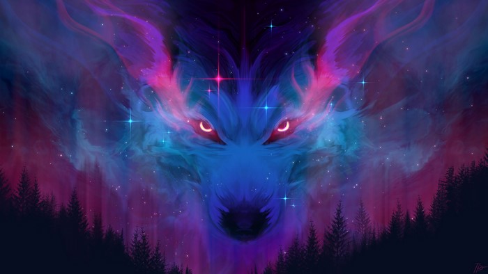 Cosmic Wolf with Red Eyes Over Forest