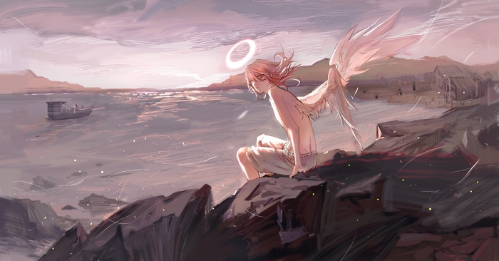 Angel Devil Sitting on Rocky Shore 4K