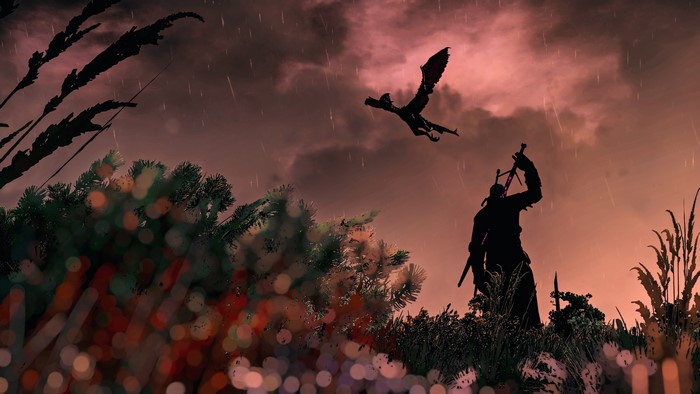 Geralt from The Witcher 3: Wild Hunt fighting a Griffin