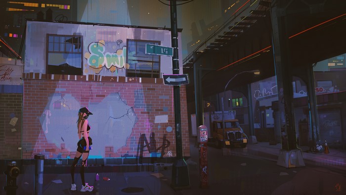 Girl with graffiti in a city at night