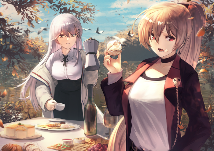 Two anime girls having coffee outdoors
