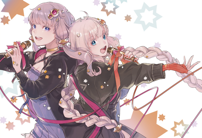 Two anime girls singing into microphones with stars