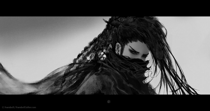 Monochrome illustration of a person with a mask