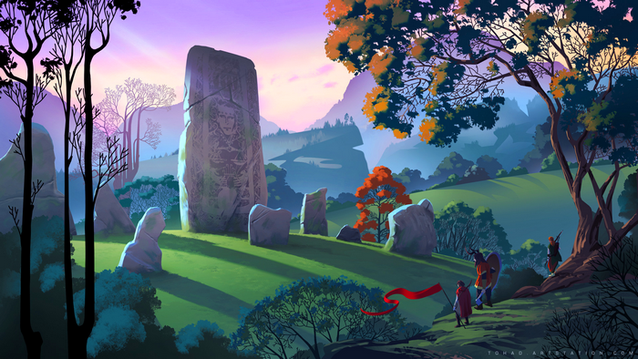 The Banner Saga Varl and standing stones at sunrise