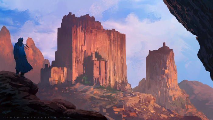 Man in blue robes overlooking ancient desert city ruins