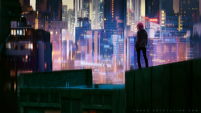 Artwork of a person overlooking a futuristic cityscape