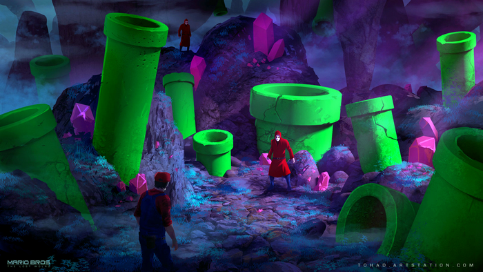 Mario and Shy Guy in a pipe-filled landscape