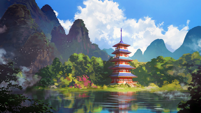 Pagoda by a lake with mountains and clouds