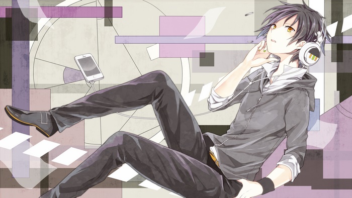 Anime boy with headphones and phone