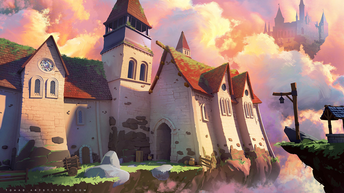 Fantasy castle and buildings floating in clouds at sunset