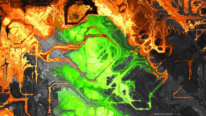 Abstract digital art with orange, green, and gray patterns