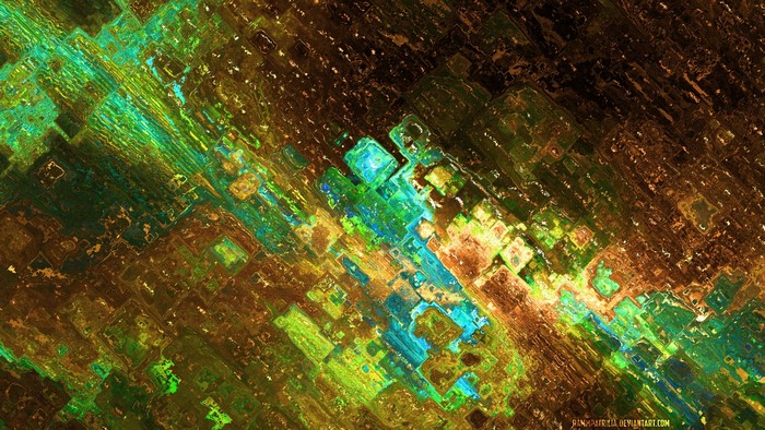Abstract digital art with green and gold geometric patterns