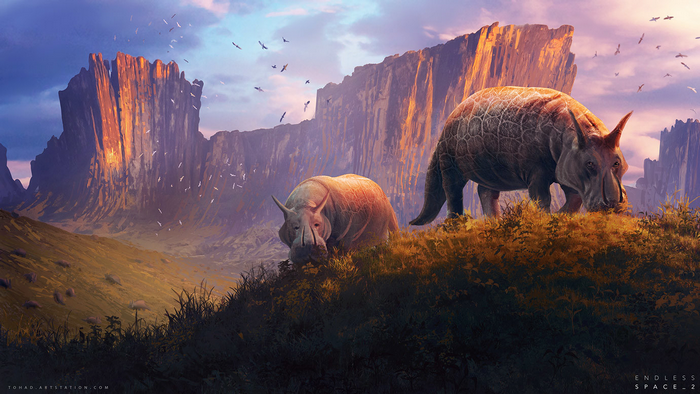 Creatures in a mountainous landscape, Endless Space 2 artwork
