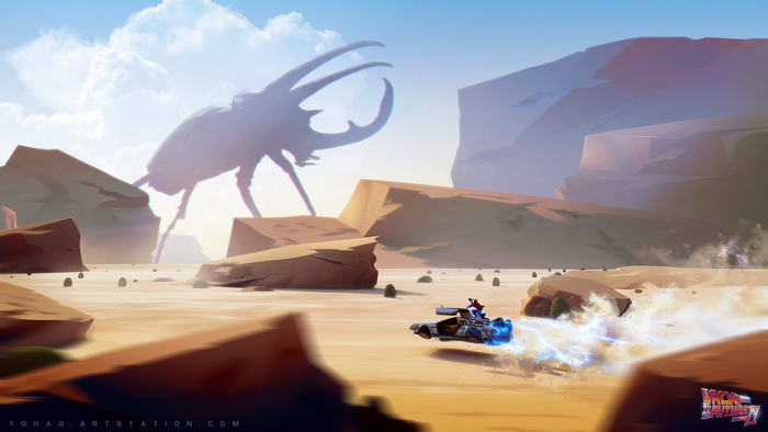 DeLorean from Back to the Future pursued by giant beetle in desert