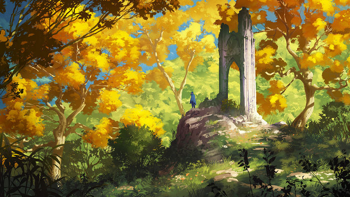 Artwork of a lone figure in a forest with ruins