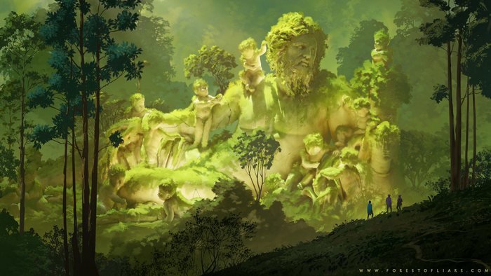 Giant moss-covered statues in a dense forest