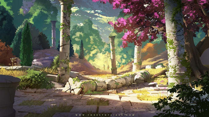 Ruins in a forest with pink trees and two figures