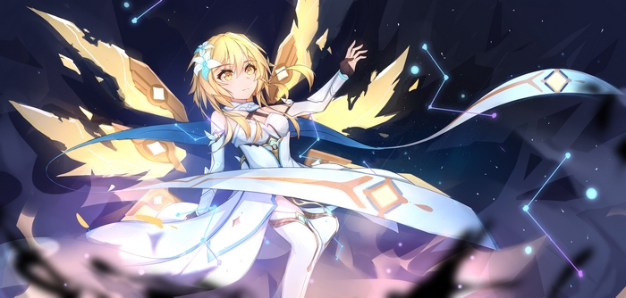 Lumine from Genshin Impact with golden wings