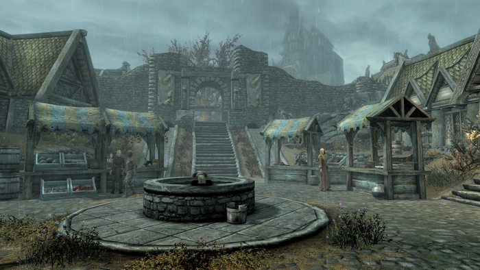 Skyrim Remastered Market in Whiterun during rain