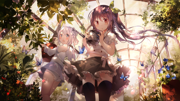 Two anime girls in a greenhouse with butterflies