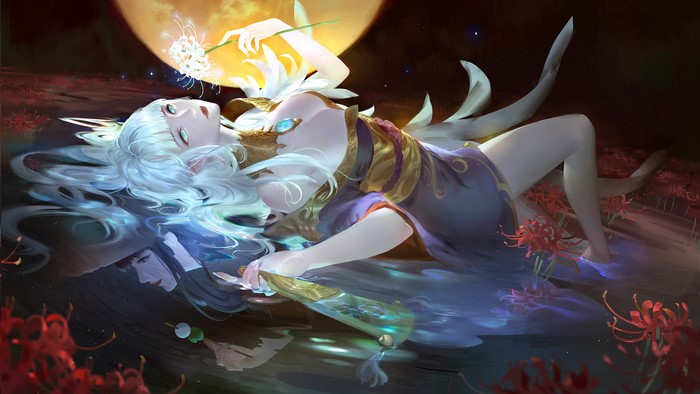 Woman with white hair and green eyes in water