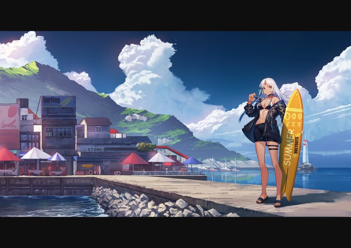 Massachusetts from Azur Lane with a surfboard